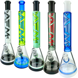 Assortment of 18" AFM Quasar Color Beaker Bongs in Ink Blue, Green, Red, and Clear with Showerhead Perc