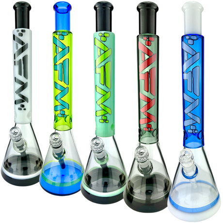 AFM Quasar Glass Beaker Bongs in various colors including mint, front view on white background