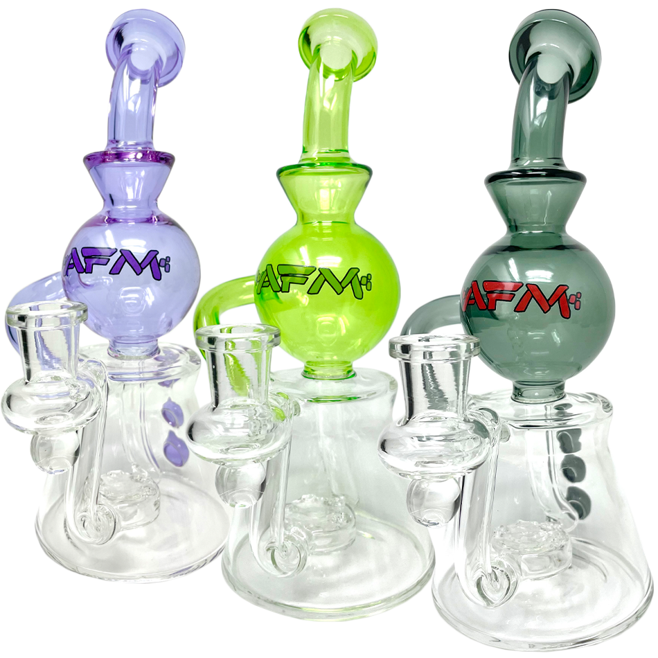 AFM Bubble Head Recycler Dab Rigs in purple, green, and gray, 14mm female joint, angled view