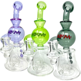 AFM Bubble Head Recycler Dab Rigs in purple, green, and gray, 14mm female joint, angled view