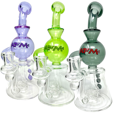 AFM Bubble Head Recycler Dab Rigs in purple, green, and gray, 14mm female joint, angled view