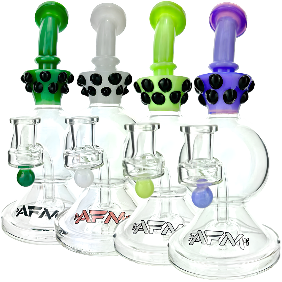 AFM Crown Glass Dab Rigs Collection with Showerhead Perc, Bent Neck, and Color Accents