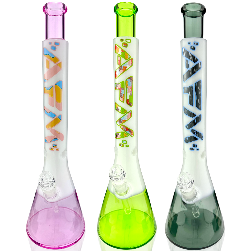 AFM Glass 18" Gummy Bears Quasar Beaker Bongs in pink, green, and blue with showerhead perc