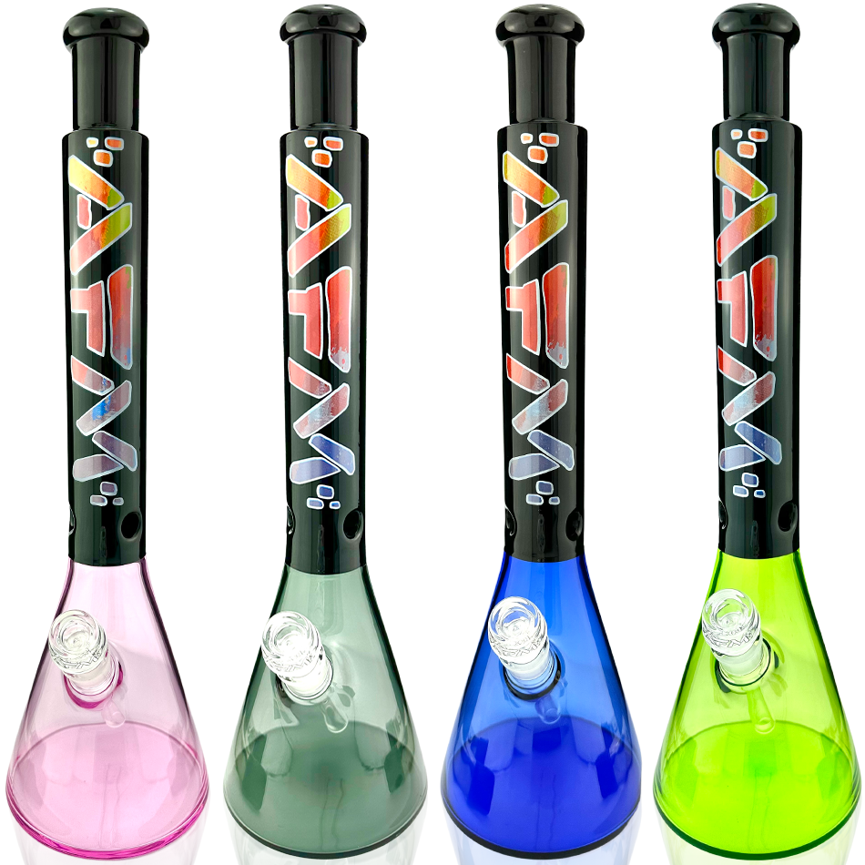 AFM Mind Expander Glass Beaker Bongs in Pink, Green, Blue, and Green, Front View