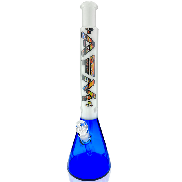 AFM Mind Bender 18" Ink Blue Glass Beaker Bong with Artwork, Front View on White Background