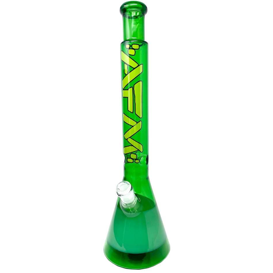 18" AFM Quasar Beaker Bong in Double Greens with 14mm Female Joint, Front View on White Background