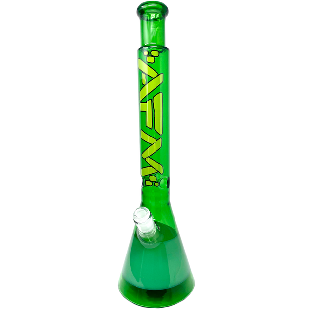 18" AFM Quasar Beaker Bong in Double Greens with 14mm Female Joint, Front View on White Background