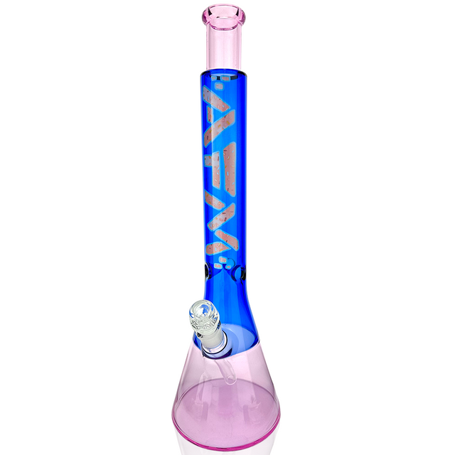 18" AFM Quasar Glass Donut Beaker Bong with Pink Base and Blue Neckpiece, Front View