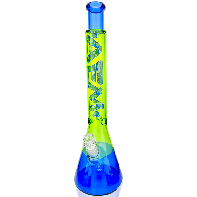 AFM 18" Quasar Glass Bong with vibrant blue base, green bubbles, and bent neck design