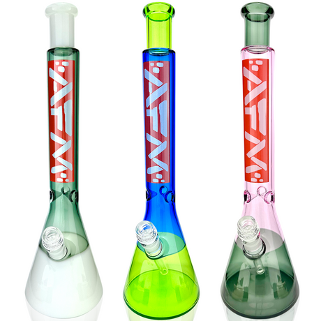 AFM Quasar Glass Beaker Bongs in Ink Blue, Lime, and Pink, 18" Tall with Bold AFM Logo