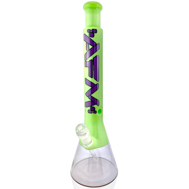 AFM 18" Quasar Beaker Bong in Slime/Purple with Showerhead Perc, Front View on White Background