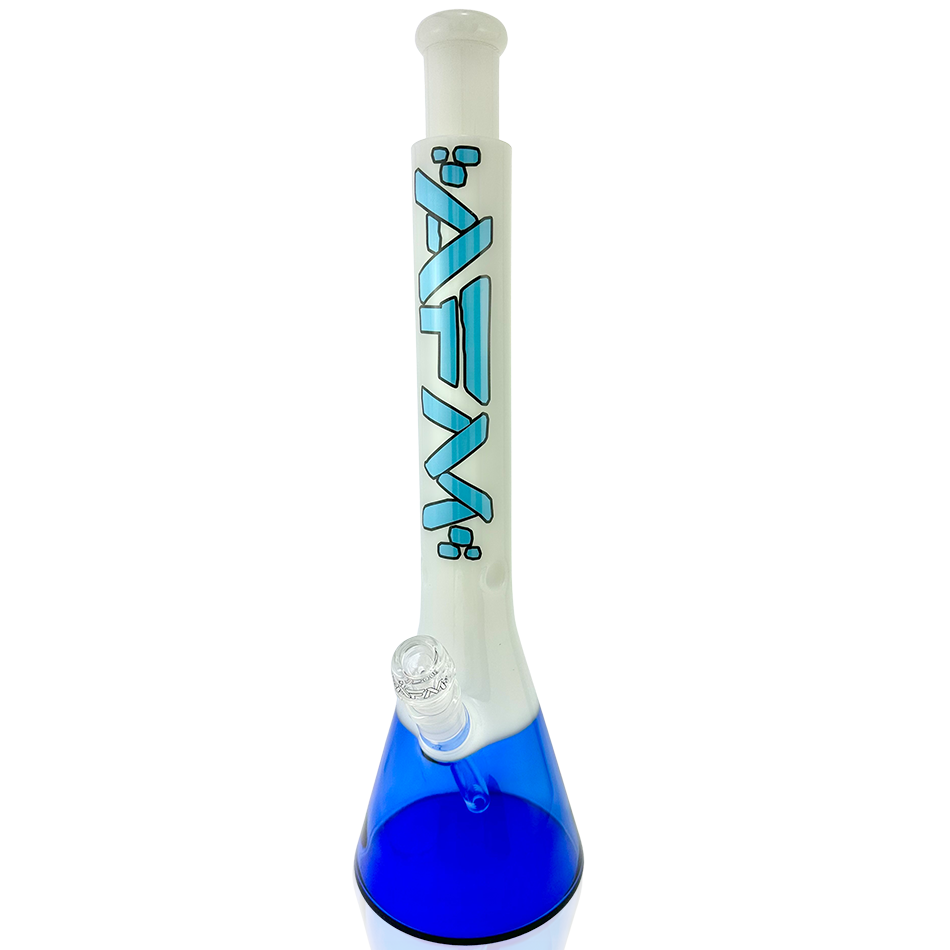 AFM 18" Quasar Beaker Bong in Ivory/Ink Blue with Showerhead Perc, Front View on White Background