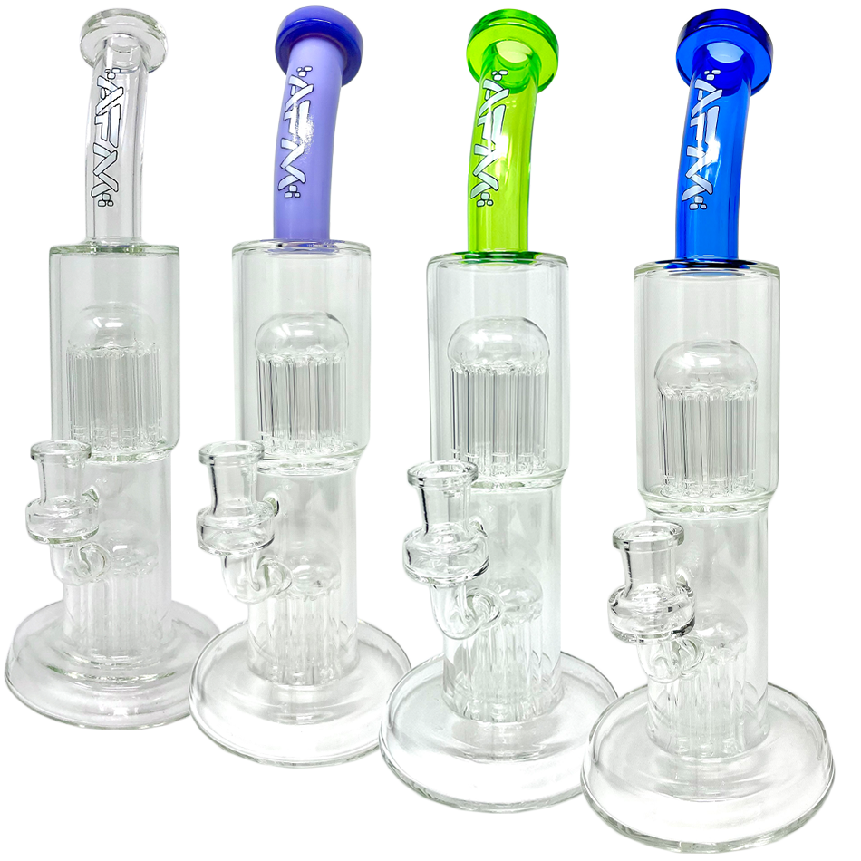 AFM Glass Double Cosmos Dab Rigs with Showerhead Perc, Bent Neck, and Colored Accents