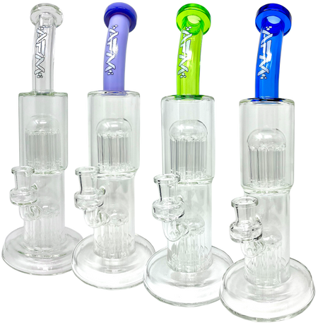 AFM Glass Double Cosmos Dab Rigs with Showerhead Perc, Bent Neck, and Colored Accents