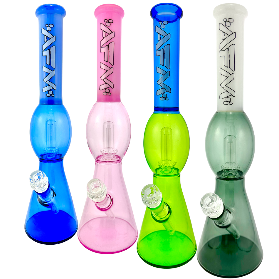 AFM Glass Beaker Bongs in Blue, Pink, Green, and Black with UFO Percolators and Logo