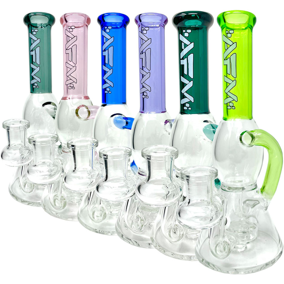 Assortment of 8" AFM Bubble Glass Recycler Dab Rigs with Showerhead Perc in various colors