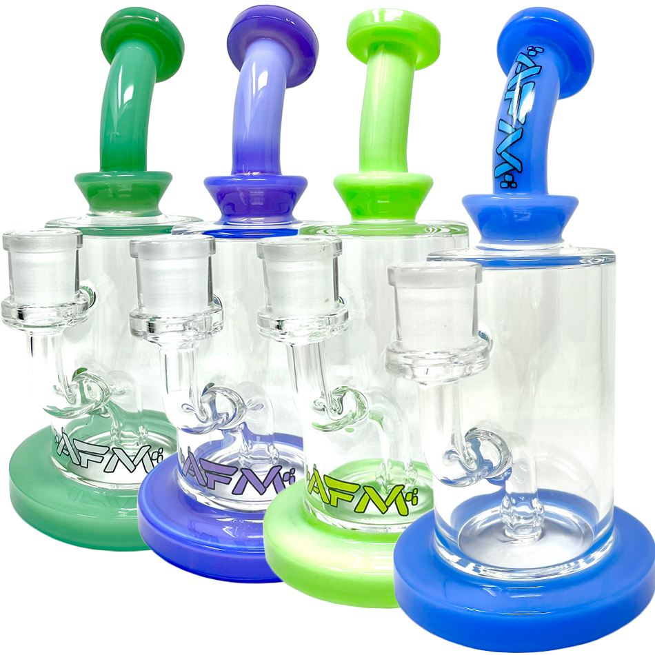 AFM Milky Color Glass Dab Rigs in a row, 8 Inches with Bent Neck and Colored Accents