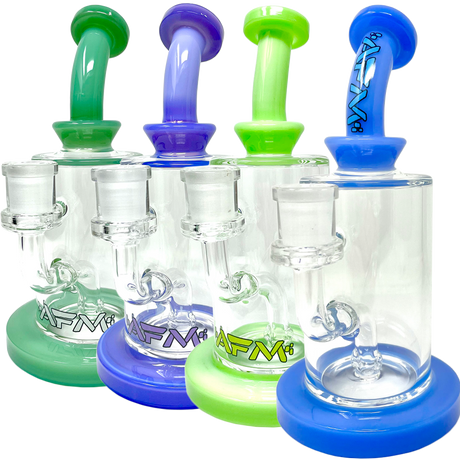 AFM Milky Color Glass Dab Rigs in a row, 8 Inches with Bent Neck and Colored Accents