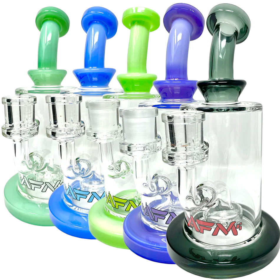 AFM Glass Dab Rigs with Milky Circle Showerhead Perc in various colors, 8" tall with bent neck