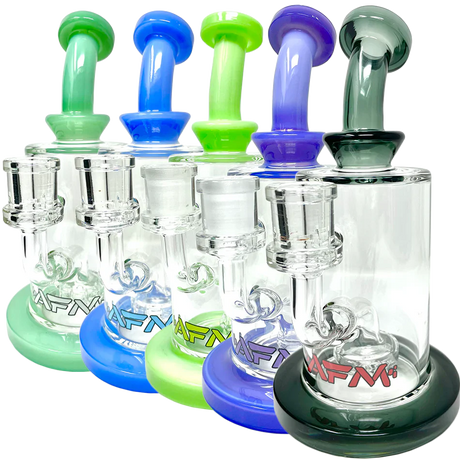 AFM Glass Dab Rigs with Milky Circle Showerhead Perc in various colors, 8" tall with bent neck