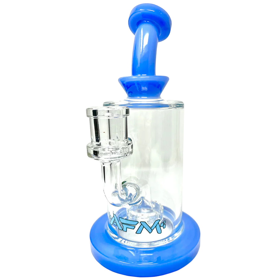 AFM 8" Milky Matrix Perc Glass Dab Rig with Bent Neck and Blue Accents - Front View