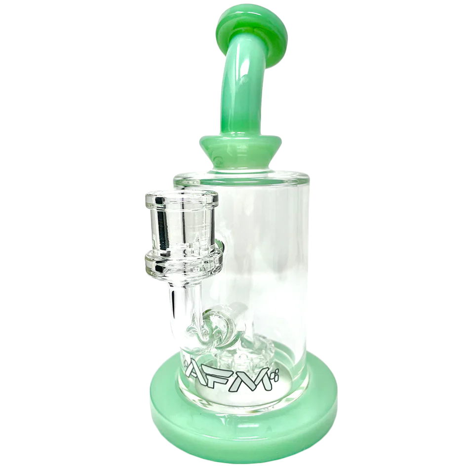 AFM 8" Milky Matrix Perc Glass Dab Rig with Bent Neck and Colored Accents, Front View