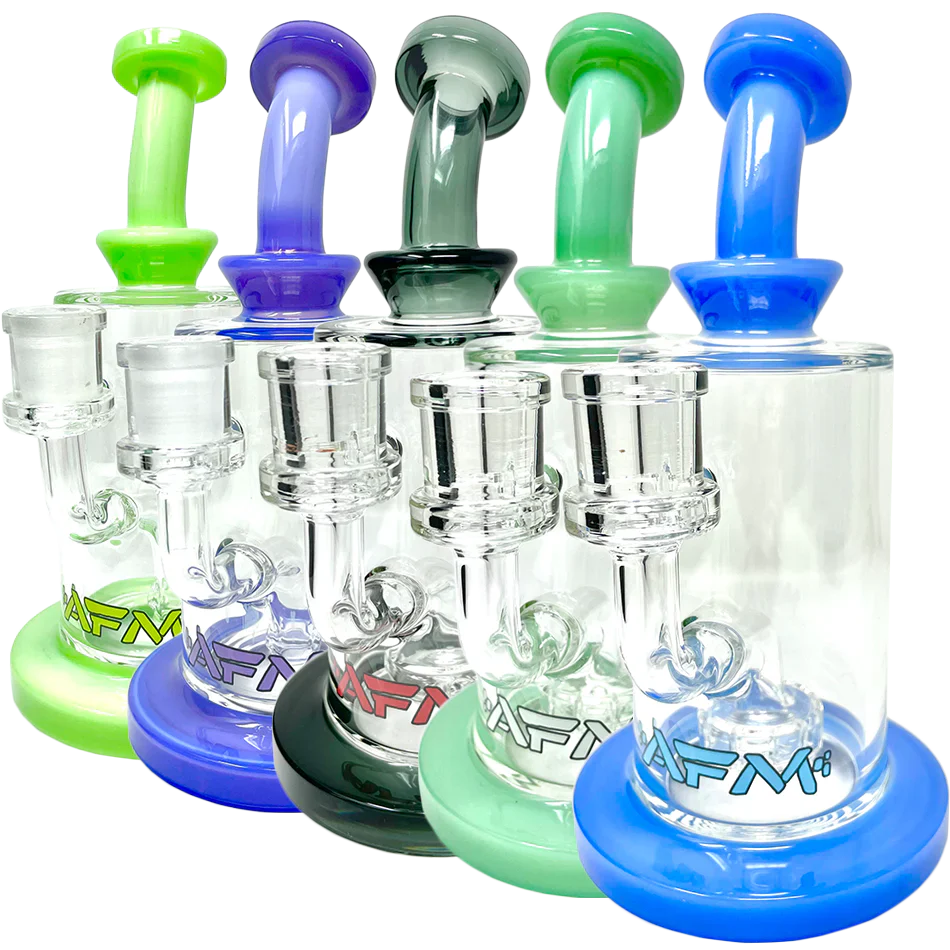 AFM Glass Dab Rigs with Milky Matrix Perc in Multiple Colors, 8" Tall Bent Neck Design