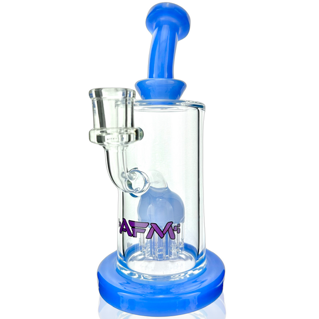 8" AFM Glass Dab Rig with Daisy Arm Perc, Bent Neck, and Blue Accents - Front View