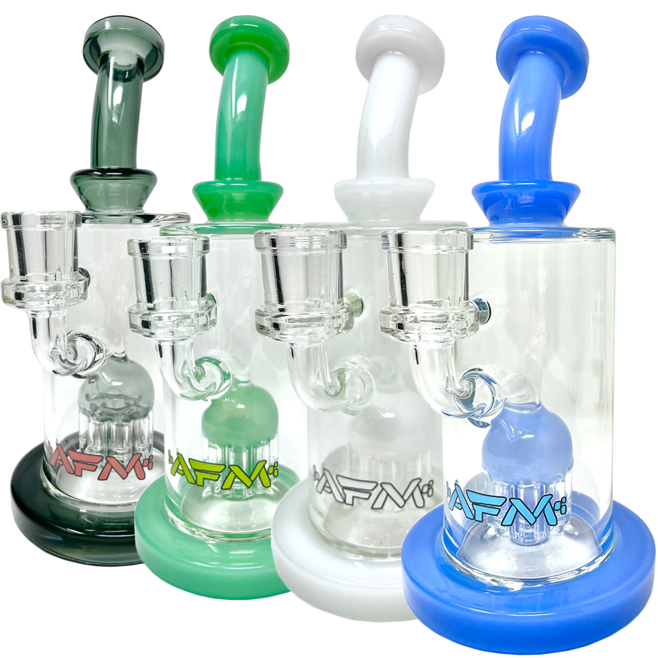 AFM 8" Daisy Arm Perc Glass Dab Rigs in various colors with bent neck and showerhead perc