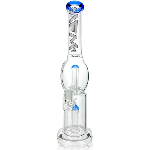 16" AFM Glass Straight Tube Bong with Double UFO Percs, blue accents, front view on white background