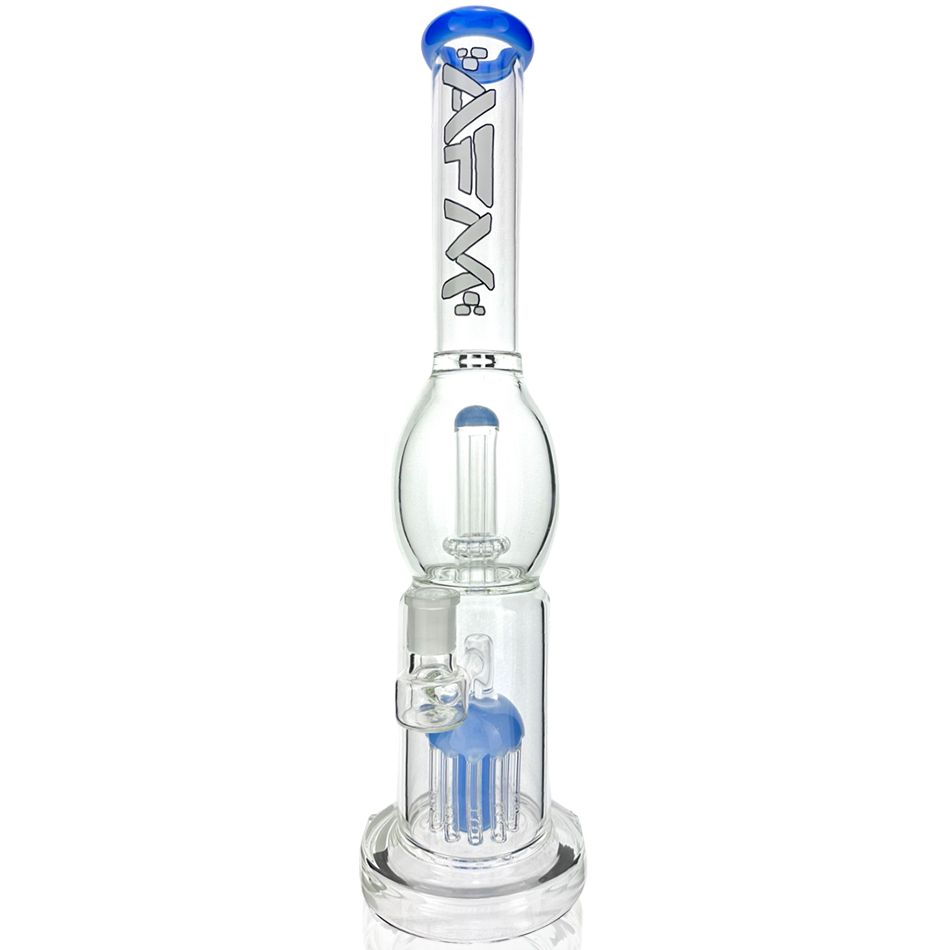 16" AFM Glass Straight Tube Bong with Jade Blue UFO Arm Double Perc and Showerhead, Front View