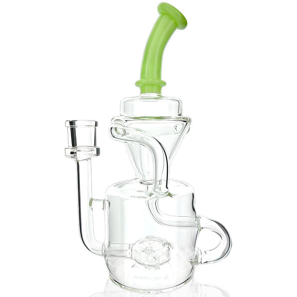 8" AFM Mighty Can Color Recycler Dab Rig with green accents, front view on a white background