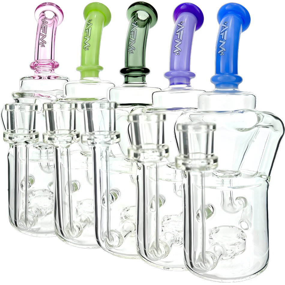 AFM 8" Mighty Can Color Recycler Dab Rigs lined up showing various colors with clear borosilicate glass