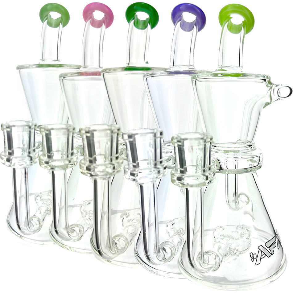 AFM Glass Hour Glass Recycler Dab Rigs with Colored Accents, Side View