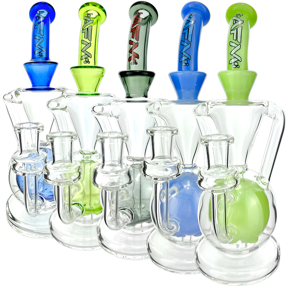 AFM Magic Ball Recycler Dab Rigs in clear glass with color accents, side view on white background