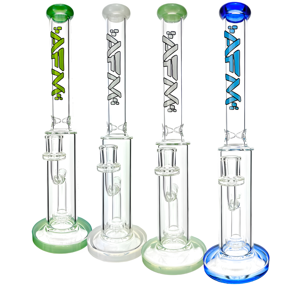 AFM Glass Snipe Showerhead Perc Straight Tube Bongs in Various Colors with Logo