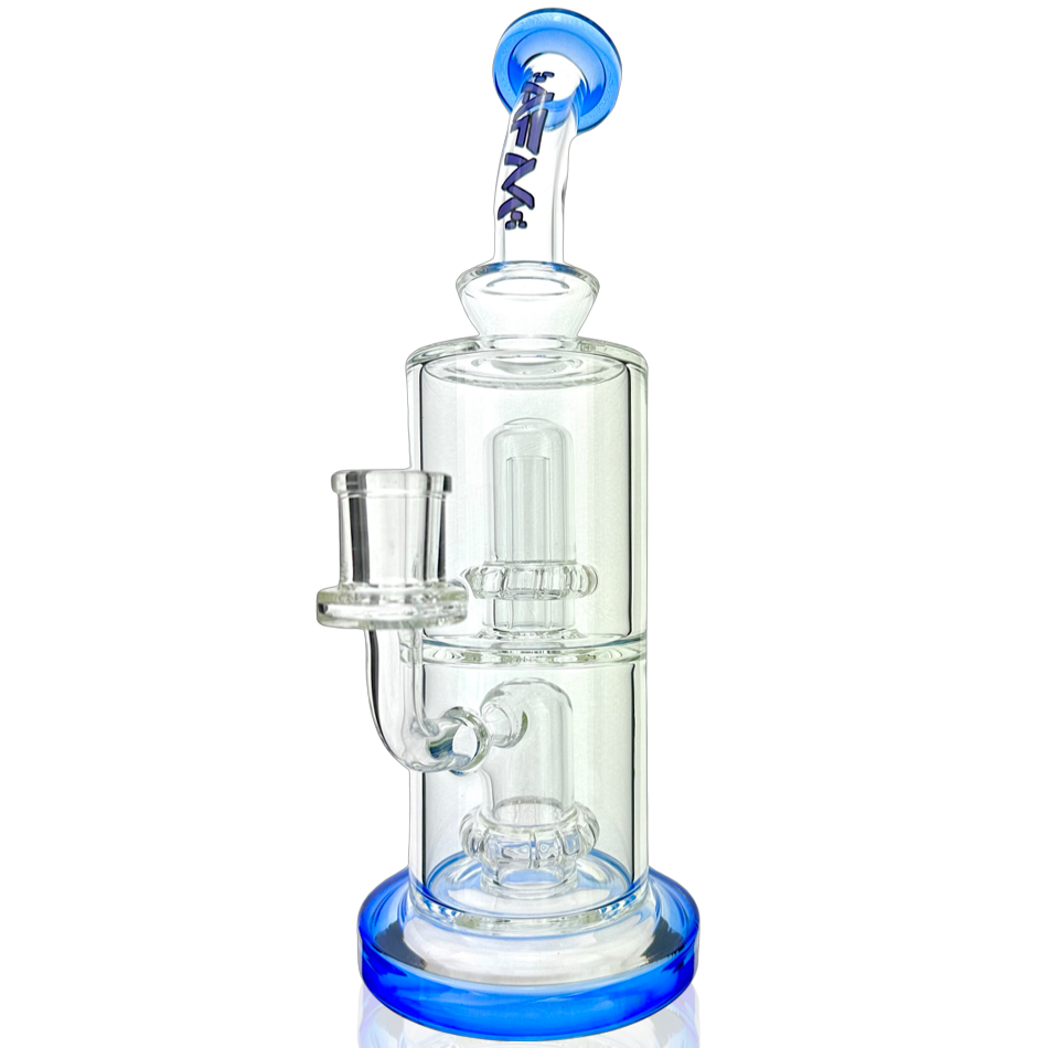 9" AFM UFO Double Perc Glass Dab Rig with Blue Accents and Bent Neck - Front View