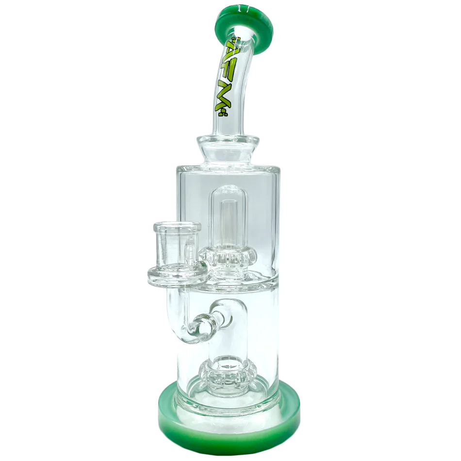 AFM 9" UFO Double Perc Glass Dab Rig with Bent Neck and Showerhead Perc, Front View