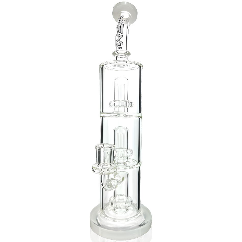 10" AFM Glass UFO Triple Perc Dab Rig in Ivory, Front View with Bent Neck and Showerhead Perc