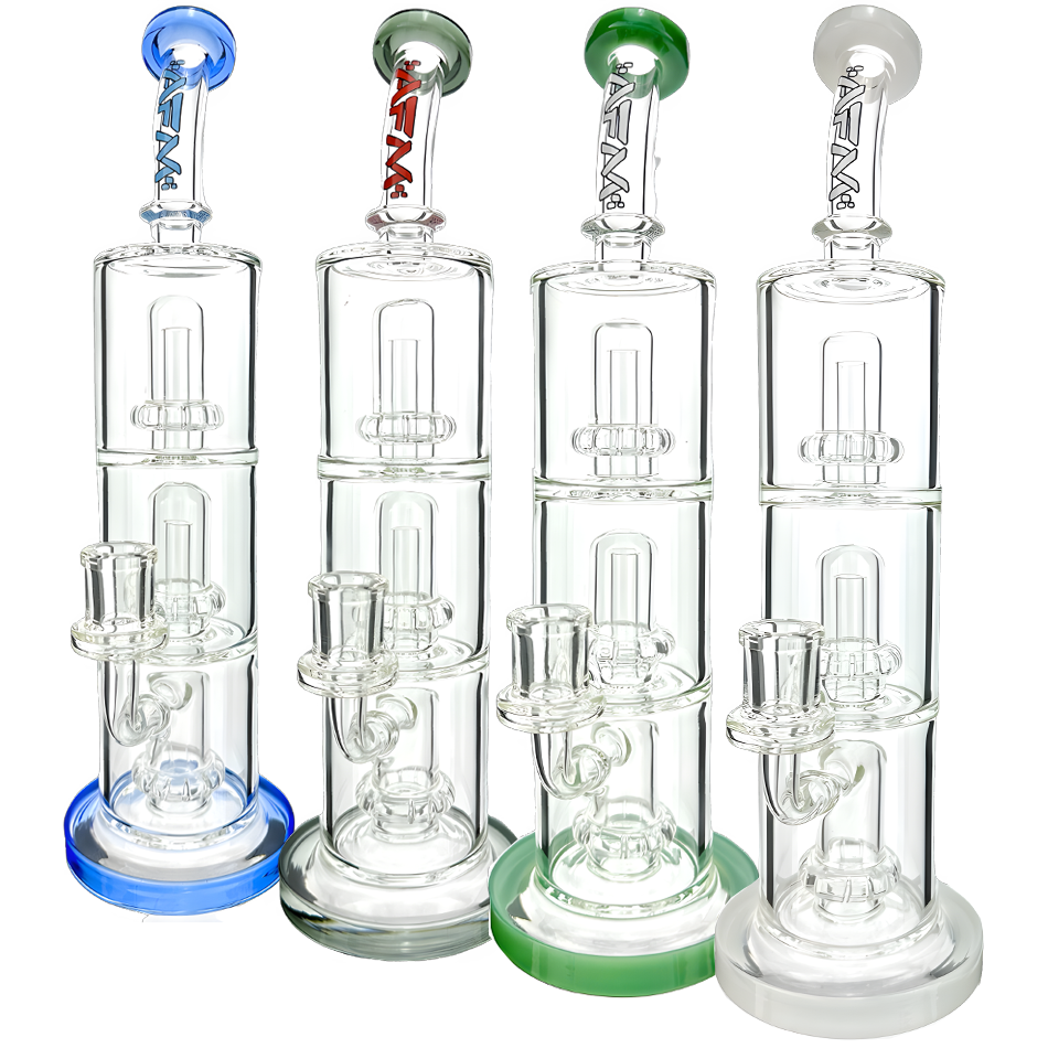 AFM Glass UFO Triple Perc Dab Rigs in various colors, front view on white background