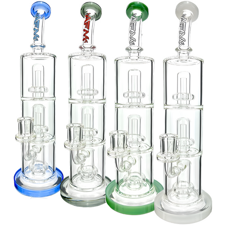AFM Glass UFO Triple Perc Dab Rigs in various colors, front view on white background