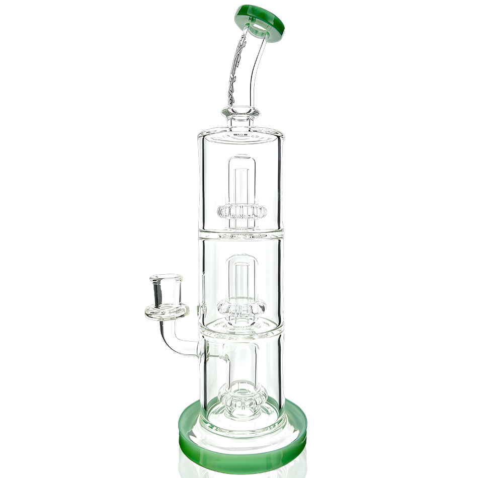 10" AFM Glass UFO Triple Perc Dab Rig with Bent Neck and Colored Accents - Front View