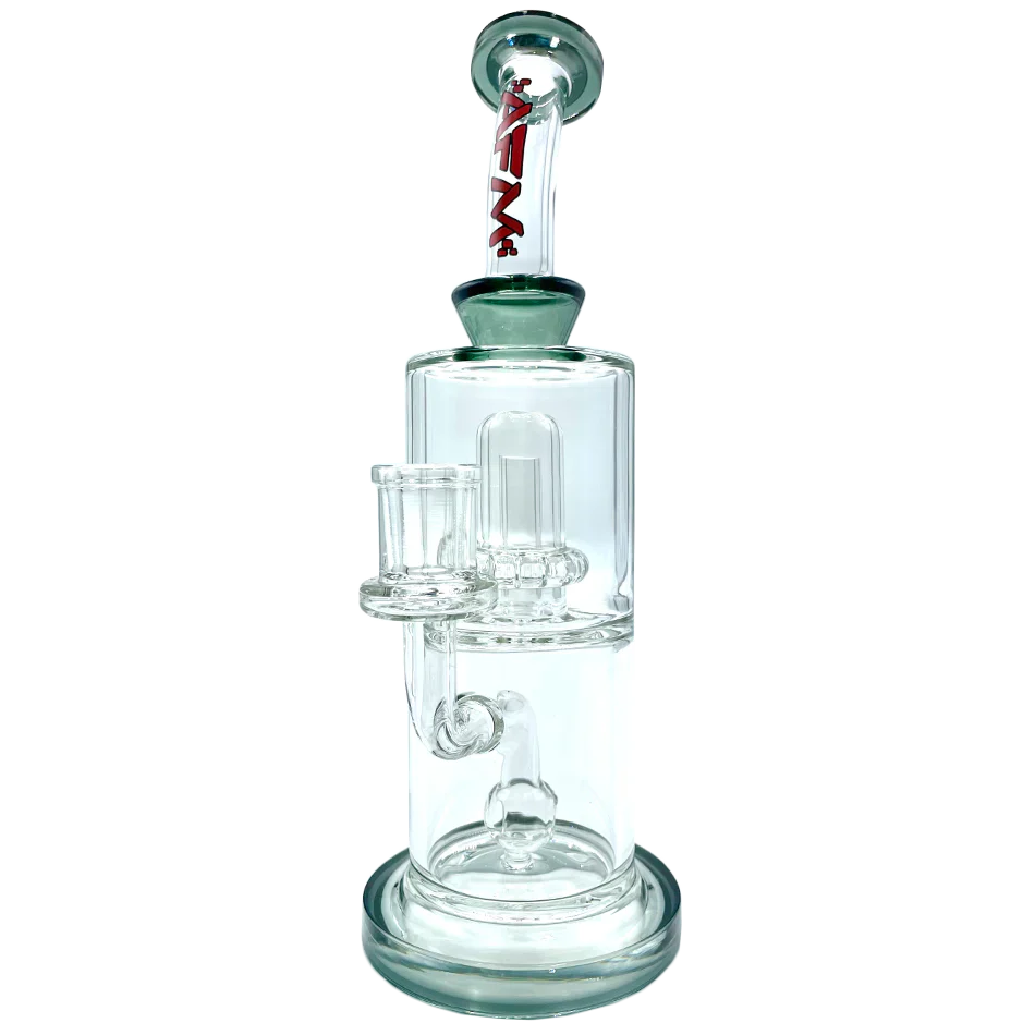 10" AFM Dot Double Perc Glass Dab Rig in Smokey variant, with Bent Neck and Showerhead Perc, front view