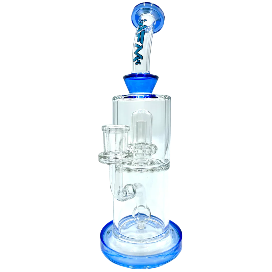 10" AFM Dot Double Perc Glass Dab Rig in Ink Blue with Bent Neck and Showerhead Perc, Front View