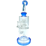 10" AFM Dot Double Perc Glass Dab Rig in Ink Blue with Bent Neck and Showerhead Perc, Front View