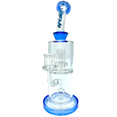 10" AFM Dot Double Perc Glass Dab Rig in Ink Blue with Bent Neck and Showerhead Perc, Front View