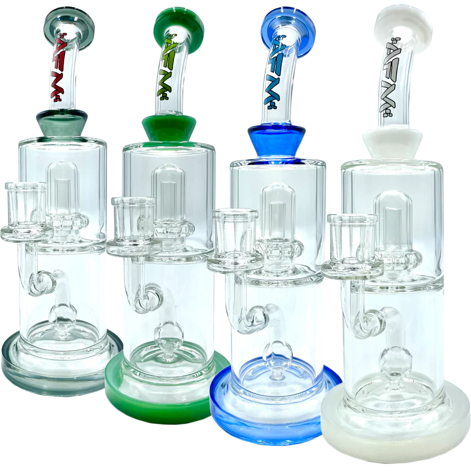 AFM 10" Dot Double Perc Glass Dab Rigs in Various Colors with Bent Neck and Showerhead Perc