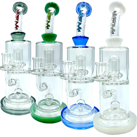 AFM 10" Dot Double Perc Glass Dab Rigs in Various Colors with Bent Neck and Showerhead Perc