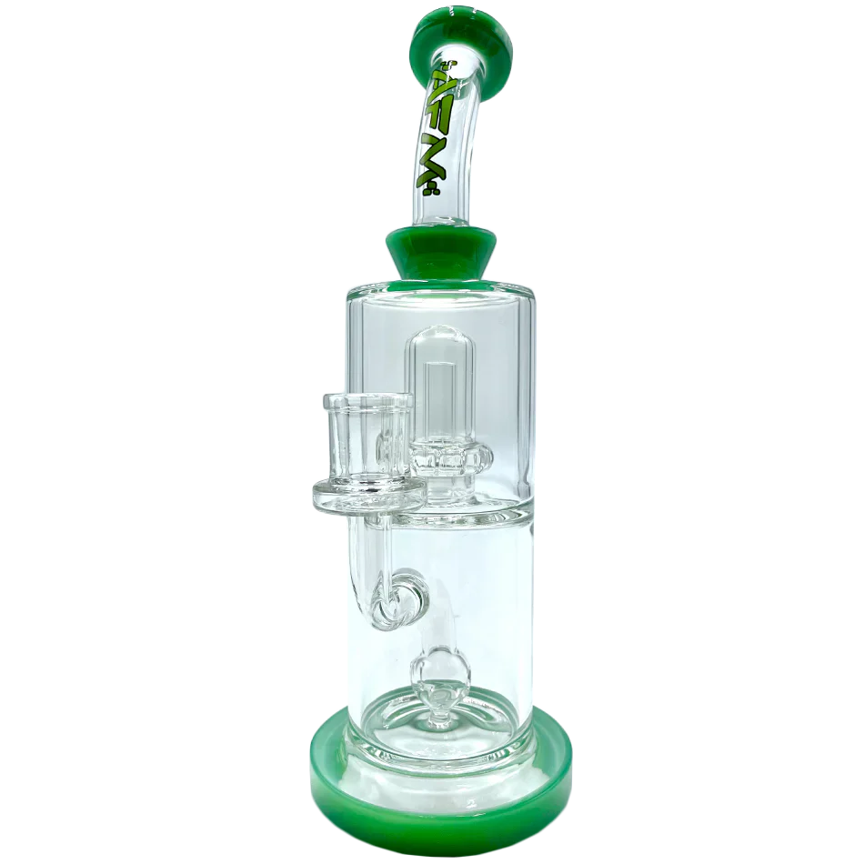 AFM 10" Dot Double Perc Glass Dab Rig in Forest Green with Bent Neck and Showerhead Perc