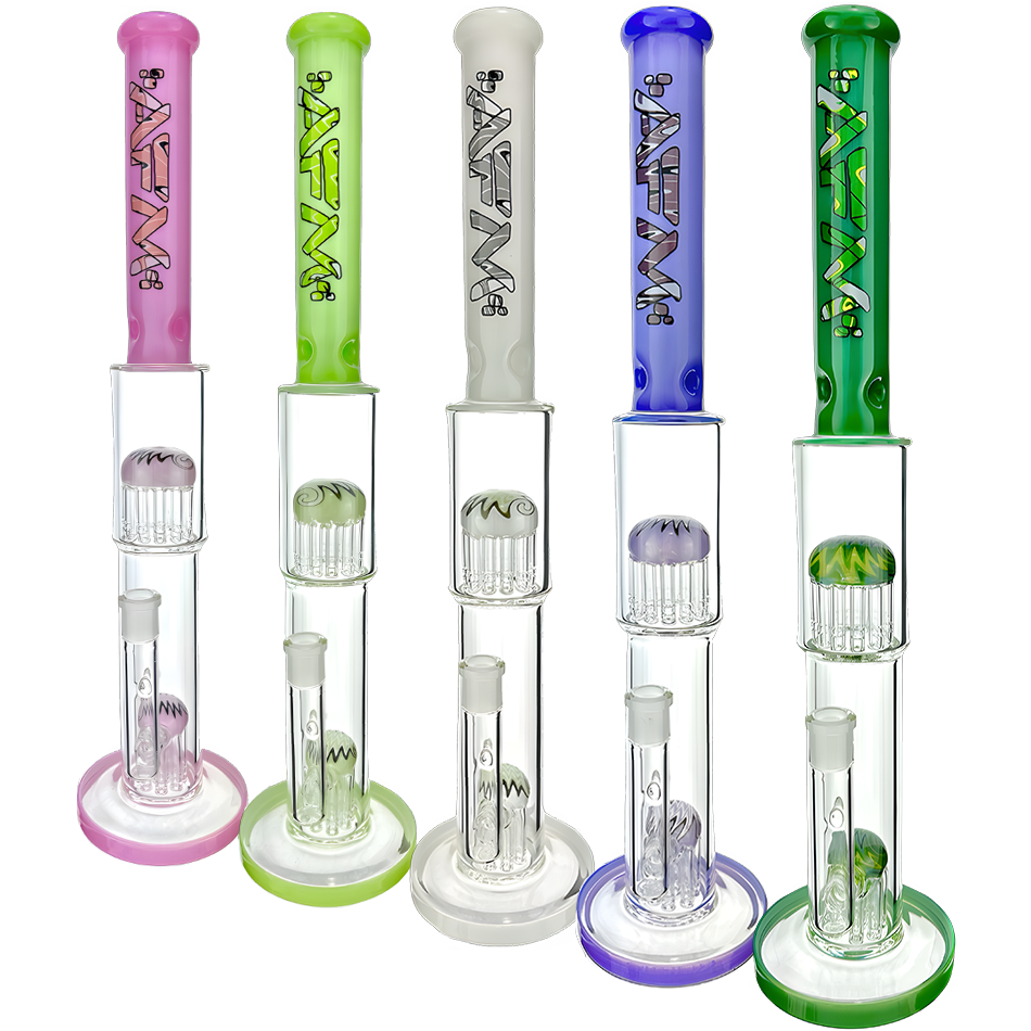 AFM 19" Double Hitter Reversal Glass Bongs with Showerhead Perc, Front View, Various Colors